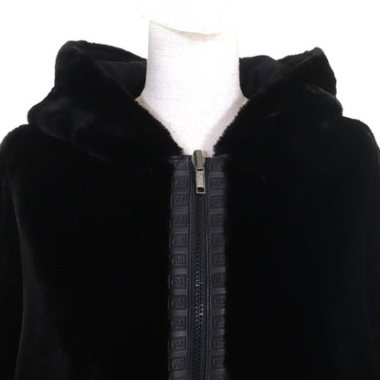 Fendi FF Logo Trim Boa Hooded Reversible Zip Up Long Coat Black 42 Made In