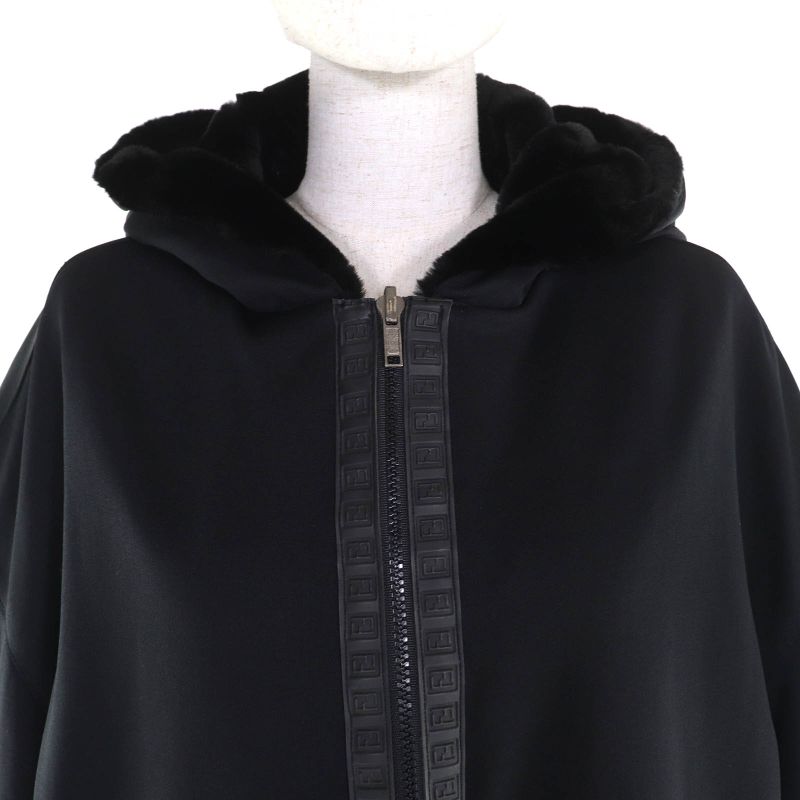 Fendi FF Logo Trim Boa Hooded Reversible Zip Up Long Coat Black 42 Made In