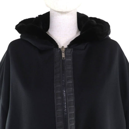 Fendi FF Logo Trim Boa Hooded Reversible Zip Up Long Coat Black 42 Made In