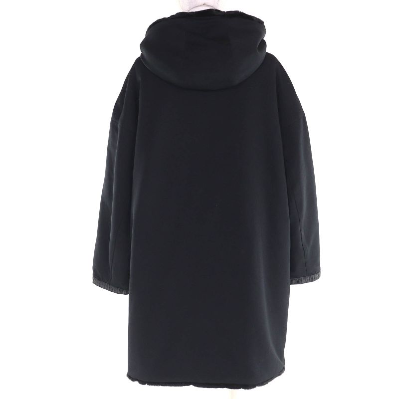 Fendi FF Logo Trim Boa Hooded Reversible Zip Up Long Coat Black 42 Made In