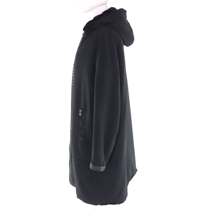 Fendi FF Logo Trim Boa Hooded Reversible Zip Up Long Coat Black 42 Made In