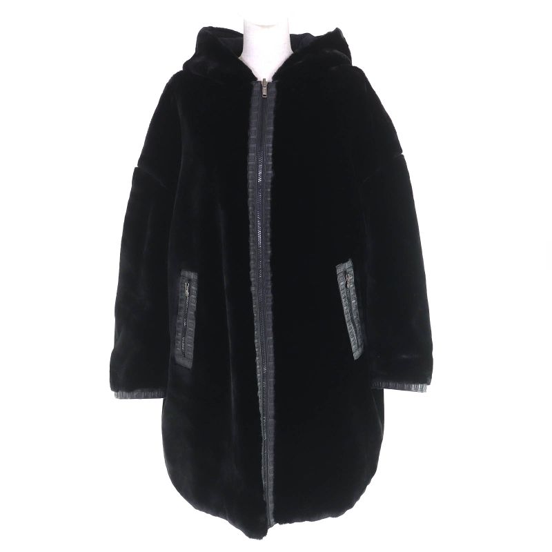 Fendi FF Logo Trim Boa Hooded Reversible Zip Up Long Coat Black 42 Made In