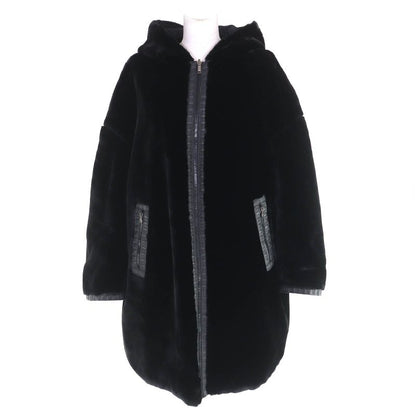 Fendi FF Logo Trim Boa Hooded Reversible Zip Up Long Coat Black 42 Made In
