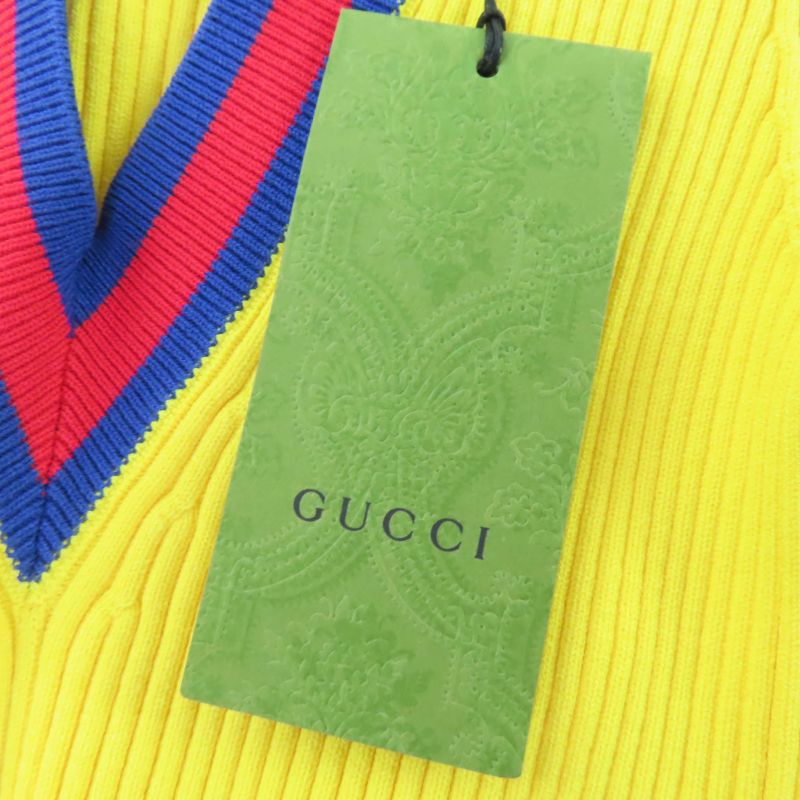 Gucci 23AW 756271 Webline V-neck Cropped Short Sleeve Knit Top Yellow S Made In