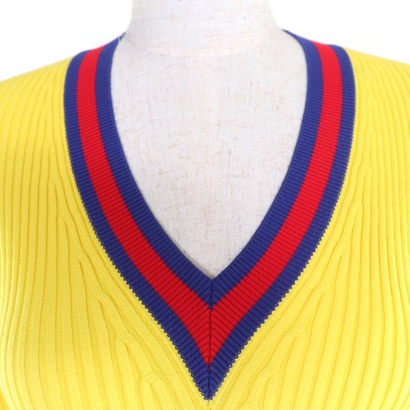 Gucci 23AW 756271 Webline V-neck Cropped Short Sleeve Knit Top Yellow S Made In