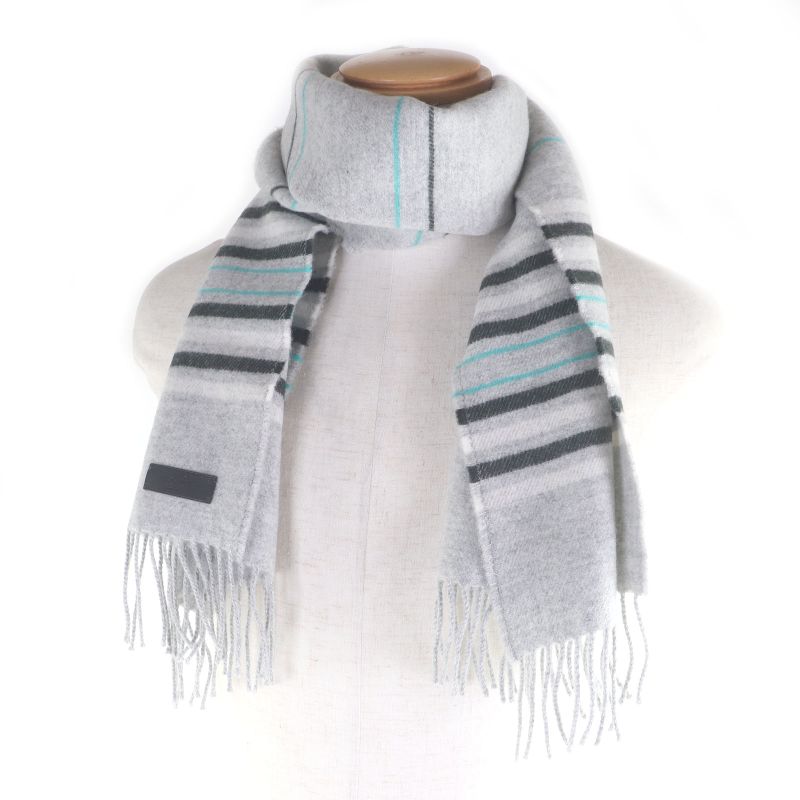 □hermes 100% Cashmere Logo Leather Patch Neolo Cabasol Striped Fringe Scarf