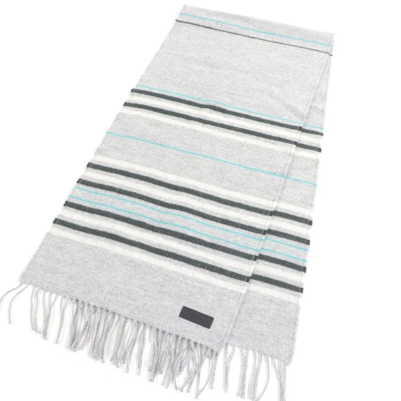 □hermes 100% Cashmere Logo Leather Patch Neolo Cabasol Striped Fringe Scarf