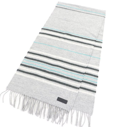 □hermes 100% Cashmere Logo Leather Patch Neolo Cabasol Striped Fringe Scarf