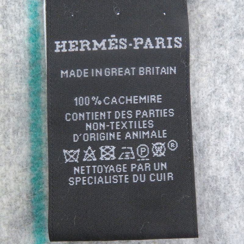 □hermes 100% Cashmere Logo Leather Patch Neolo Cabasol Striped Fringe Scarf