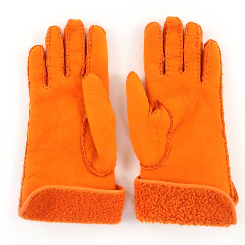 Hermes Mouton Silver Hardware Chaine D'ancre Motif Gloves Orange 7 With Box