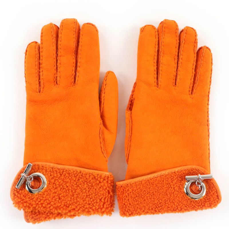 Hermes Mouton Silver Hardware Chaine D'ancre Motif Gloves Orange 7 With Box