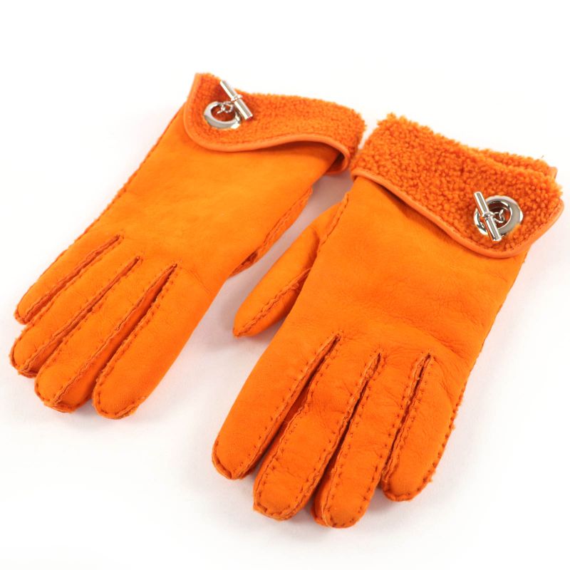 Hermes Mouton Silver Hardware Chaine D'ancre Motif Gloves Orange 7 With Box