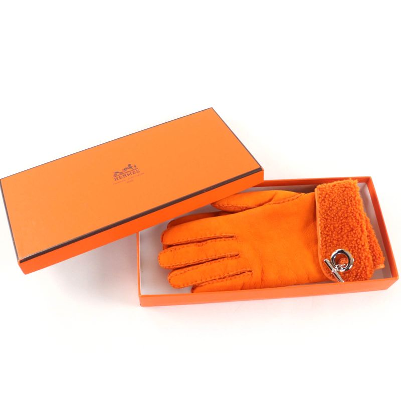 Hermes Mouton Silver Hardware Chaine D'ancre Motif Gloves Orange 7 With Box