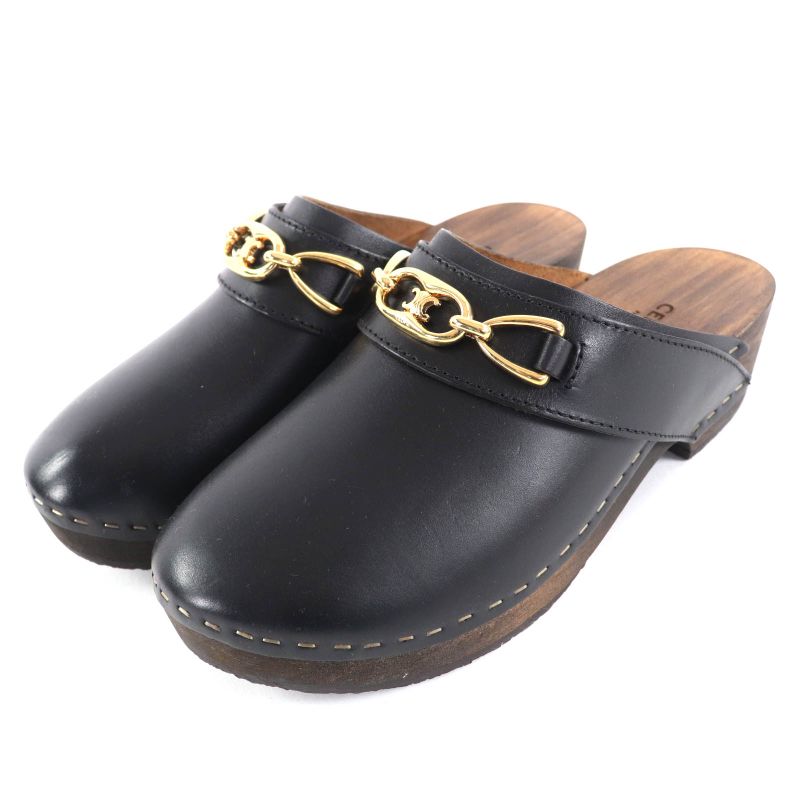 ◇celine Cwza09 Triomphe Bit Wood Sole Leather Sabo Sandals Black Gold Hardware