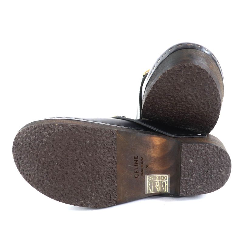 ◇celine Cwza09 Triomphe Bit Wood Sole Leather Sabo Sandals Black Gold Hardware