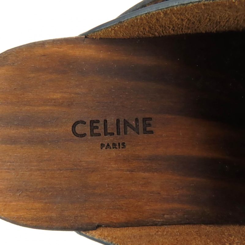 ◇celine Cwza09 Triomphe Bit Wood Sole Leather Sabo Sandals Black Gold Hardware
