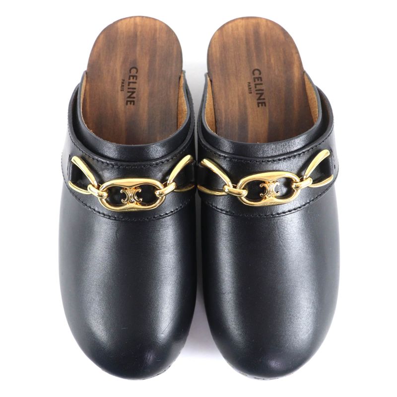 ◇celine Cwza09 Triomphe Bit Wood Sole Leather Sabo Sandals Black Gold Hardware