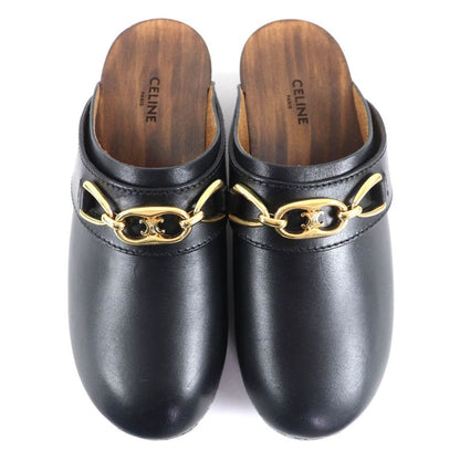 ◇celine Cwza09 Triomphe Bit Wood Sole Leather Sabo Sandals Black Gold Hardware