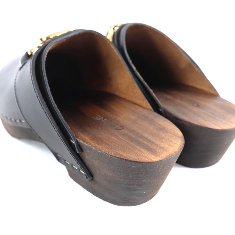 ◇celine Cwza09 Triomphe Bit Wood Sole Leather Sabo Sandals Black Gold Hardware