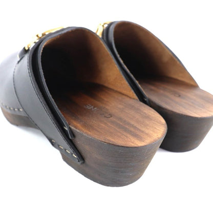 ◇celine Cwza09 Triomphe Bit Wood Sole Leather Sabo Sandals Black Gold Hardware
