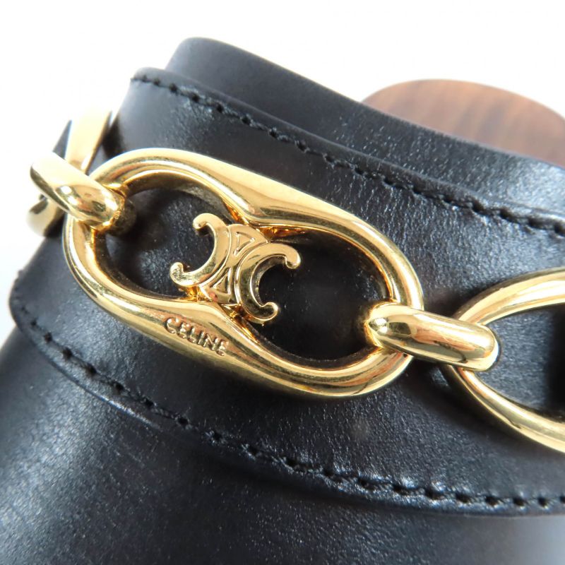 ◇celine Cwza09 Triomphe Bit Wood Sole Leather Sabo Sandals Black Gold Hardware