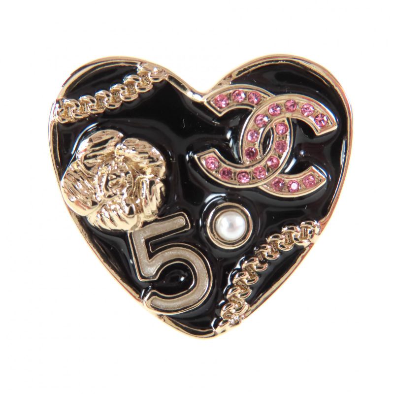 ◇chanel B24S Coco Mark Camellia No5 Icon Heart Pin Brooch Black Gold With Box