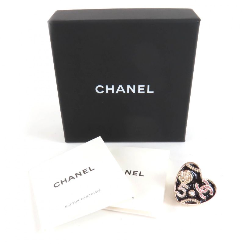 ◇chanel B24S Coco Mark Camellia No5 Icon Heart Pin Brooch Black Gold With Box