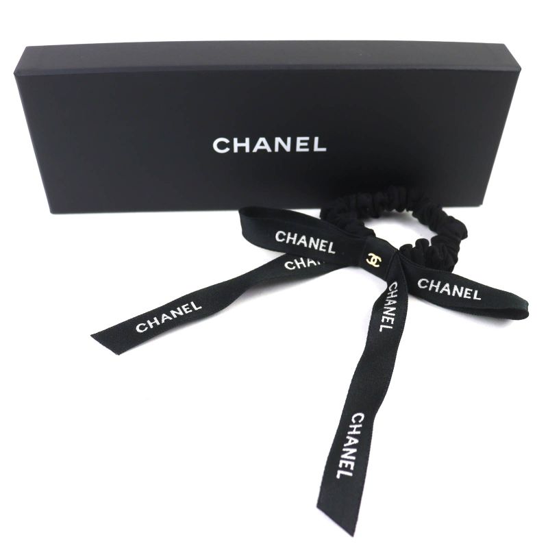Chanel 24B Coco Mark Logo Ribbon Chouche Hair Tie Hair Accessory Black White