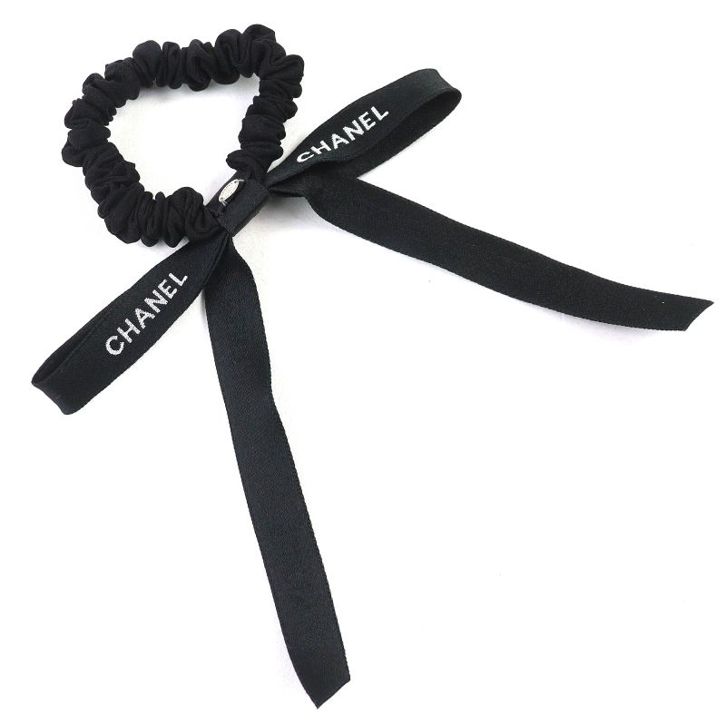 Chanel 24B Coco Mark Logo Ribbon Chouche Hair Tie Hair Accessory Black White