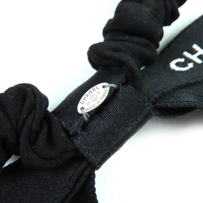 Chanel 24B Coco Mark Logo Ribbon Chouche Hair Tie Hair Accessory Black White
