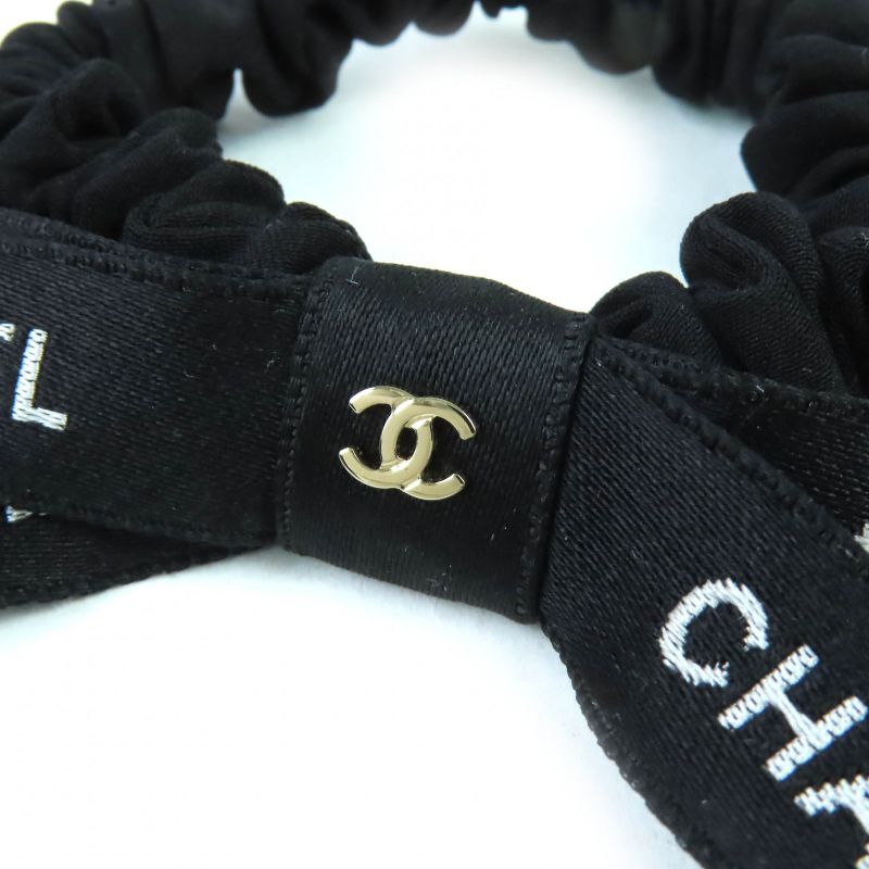 Chanel 24B Coco Mark Logo Ribbon Chouche Hair Tie Hair Accessory Black White