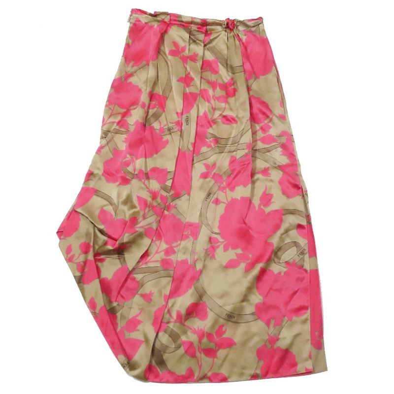 Unused 22 Fendi Floral Logo Ribbon Total Silk Asymmetrical Skirt Long Length