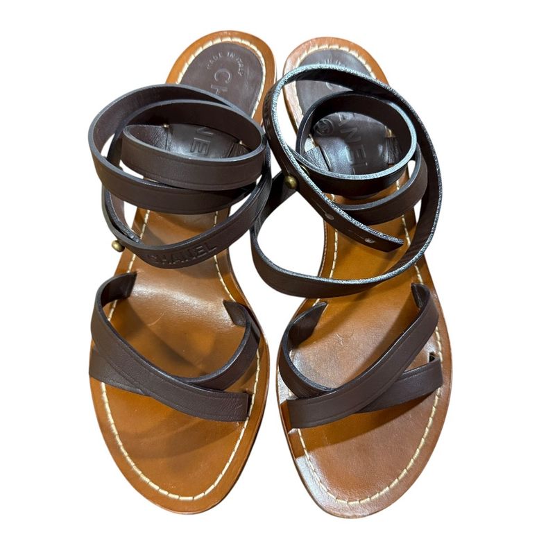 Chanel Coco Mark Leather Ankle Strap Sandals Size 35 1 2 Approx 22.5cm (8.86in)