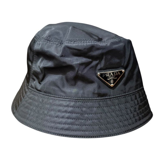 Prada Re-nylon Triangle Logo Plate Bucket Hat Size L Black Men's Used