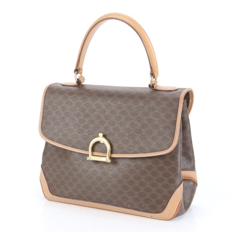 Vintage Celine Macadam Leather Handbag Tote Genuine Leather Brown Branded