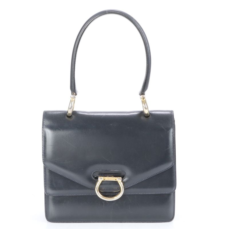 Vintage Celine Leather Handbag Tote Genuine Leather Navy Blue Branded Women's