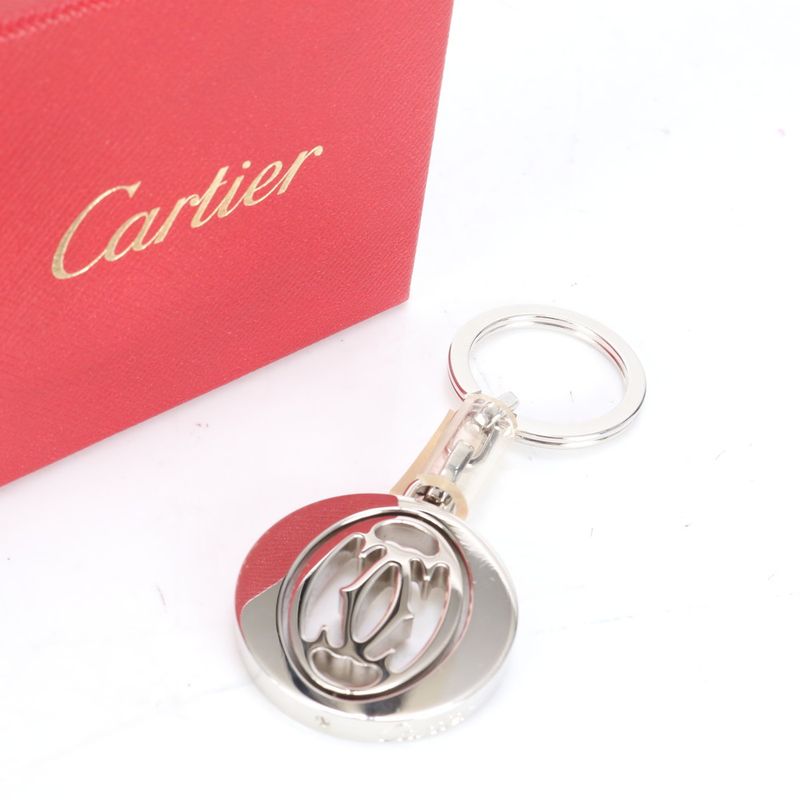 Cartier Double C Rotating Key Ring Bag Charm Silver Men's Women's RR Ce21-9