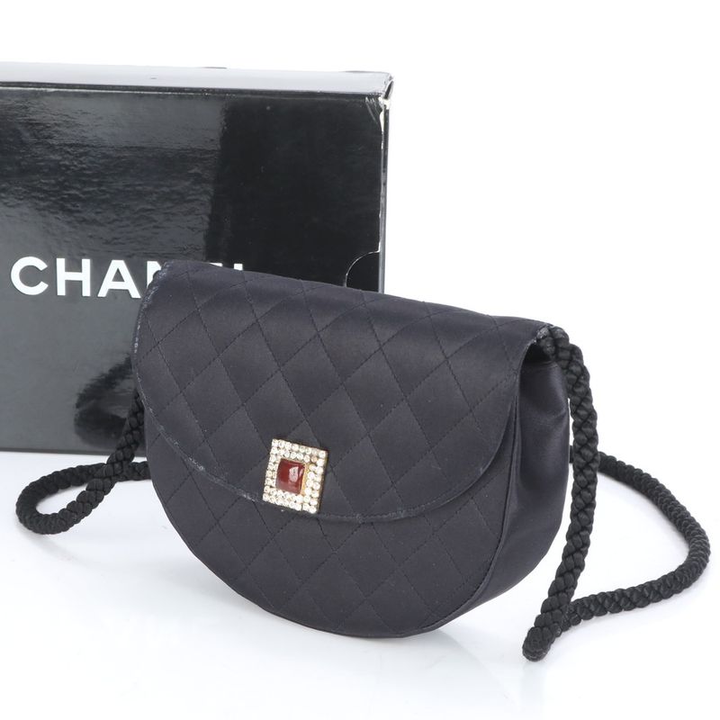 Chanel With Serial Seal Matelasse Satin Half Moon Rhinestone Shoulder Bag