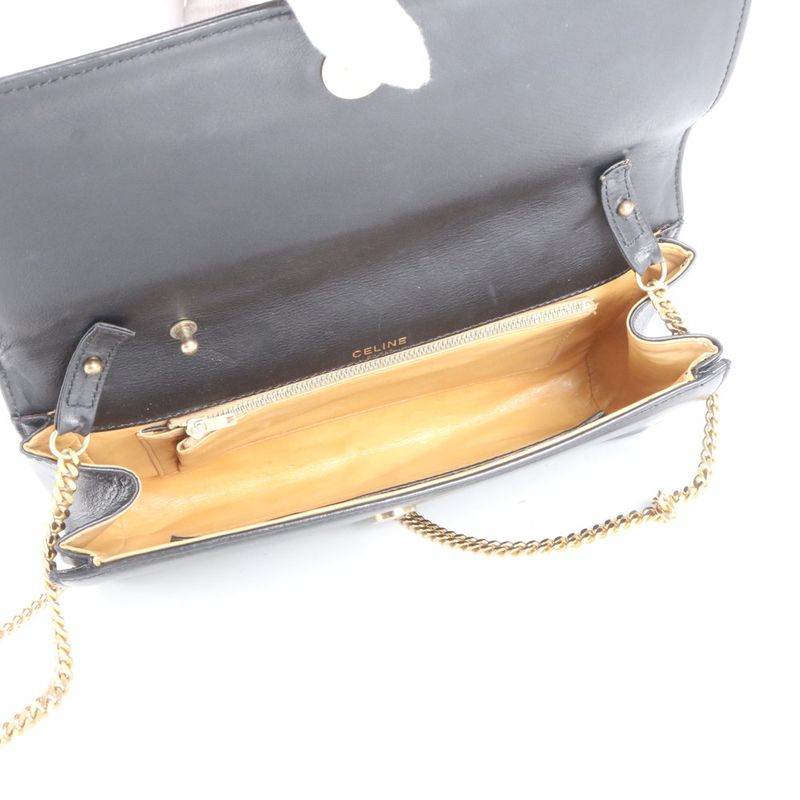 Vintage Celine Chain Leather Shoulder Bag Crossbody Hand Tote Black Women's RRM