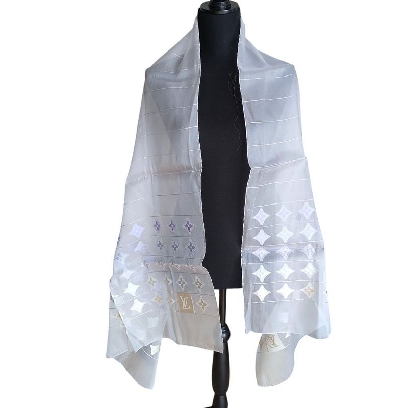 Louis Vuitton Organdy Monogram Embroidered Sheer Silk Shawl Light Purple