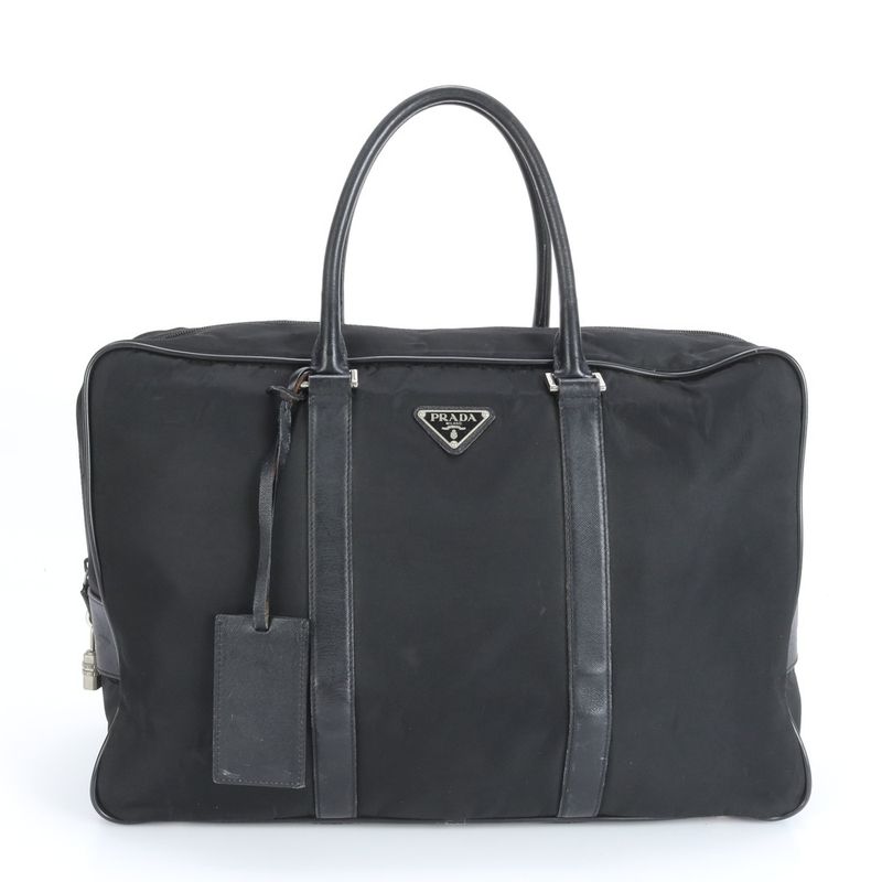 Prada Tessuto Nylon Triangle Logo Leather Boston Bag Business Travel Tote
