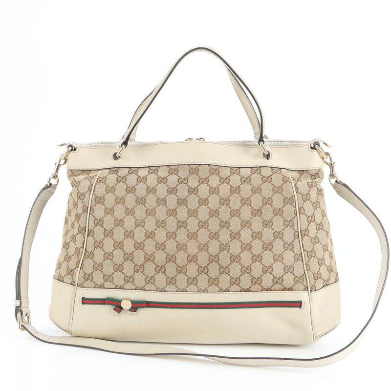 Gucci GG Canvas Mayfair Ribbon Leather 2WAY Tote Bag Crossbody Shoulder