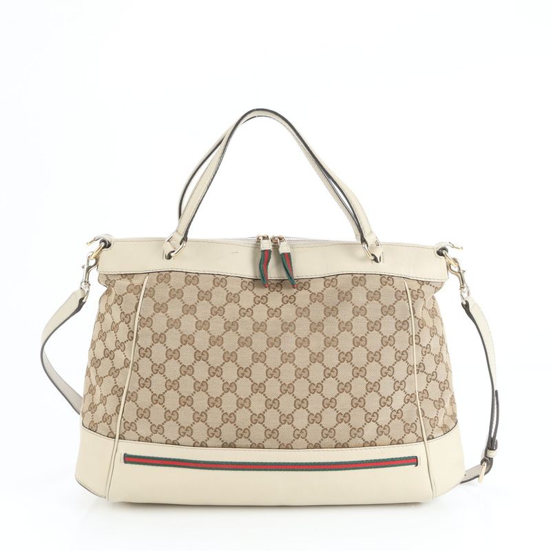 Gucci GG Canvas Mayfair Ribbon Leather 2WAY Tote Bag Crossbody Shoulder