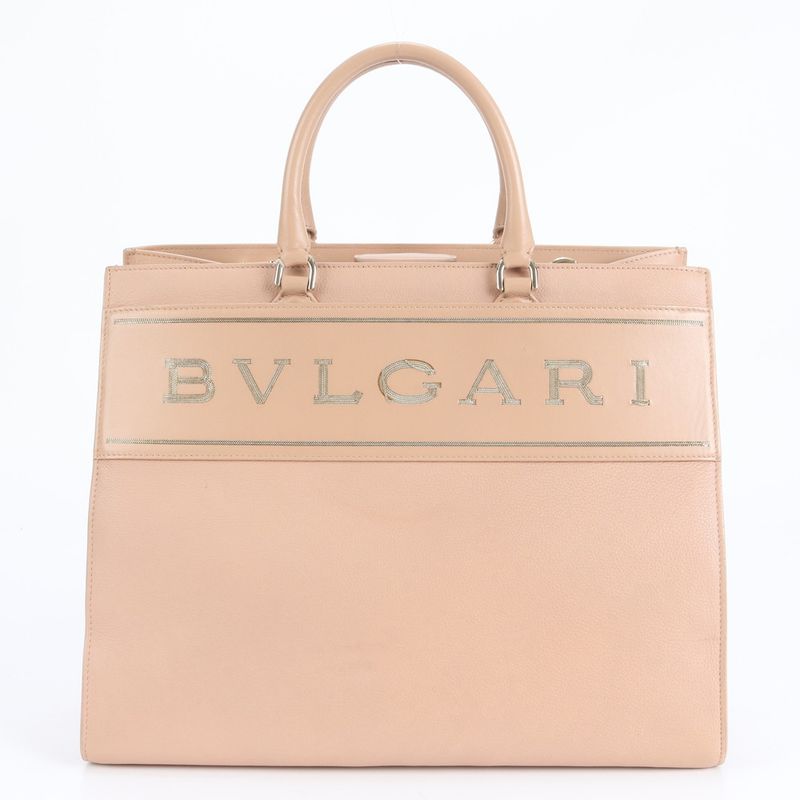 Bulgari Leather Logo Tote With Hologram Seal Bag Shoulder Hand A4 Beige Women's