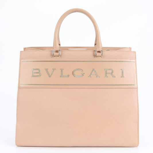 Bulgari Leather Logo Tote With Hologram Seal Bag Shoulder Hand A4 Beige Women's