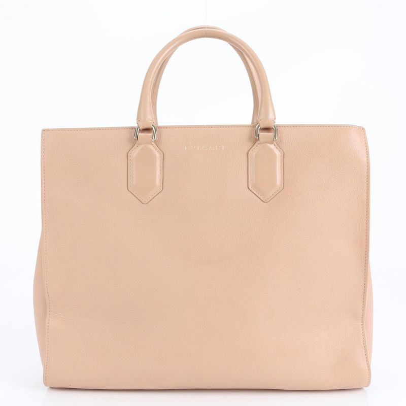 Bulgari Leather Logo Tote With Hologram Seal Bag Shoulder Hand A4 Beige Women's