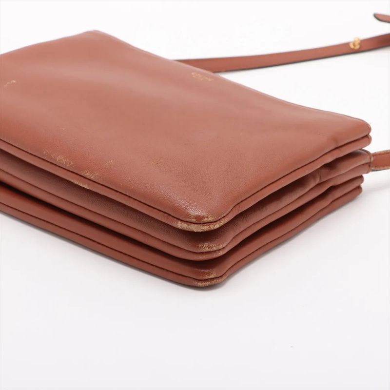Celine Trio Small Leather Shoulder Bag Crossbody Brown Gold Hardware Women's