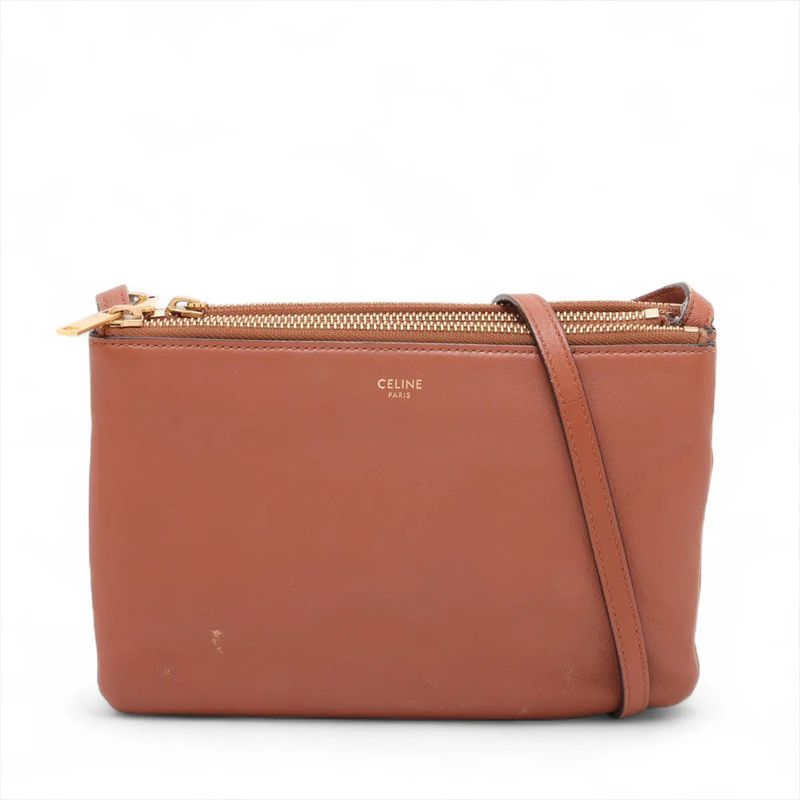 Celine Trio Small Leather Shoulder Bag Crossbody Brown Gold Hardware Women's