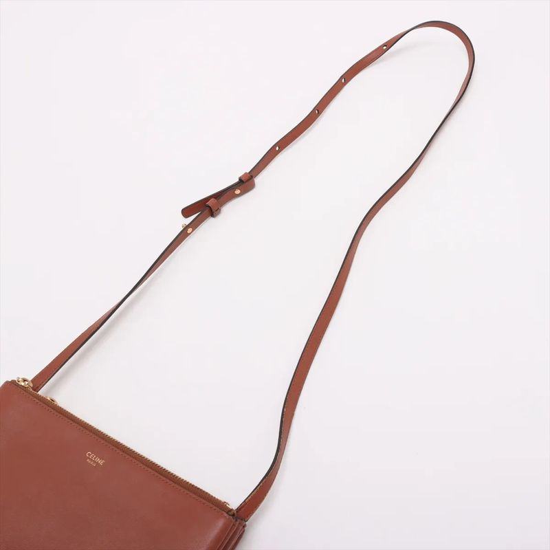Celine Trio Small Leather Shoulder Bag Crossbody Brown Gold Hardware Women's