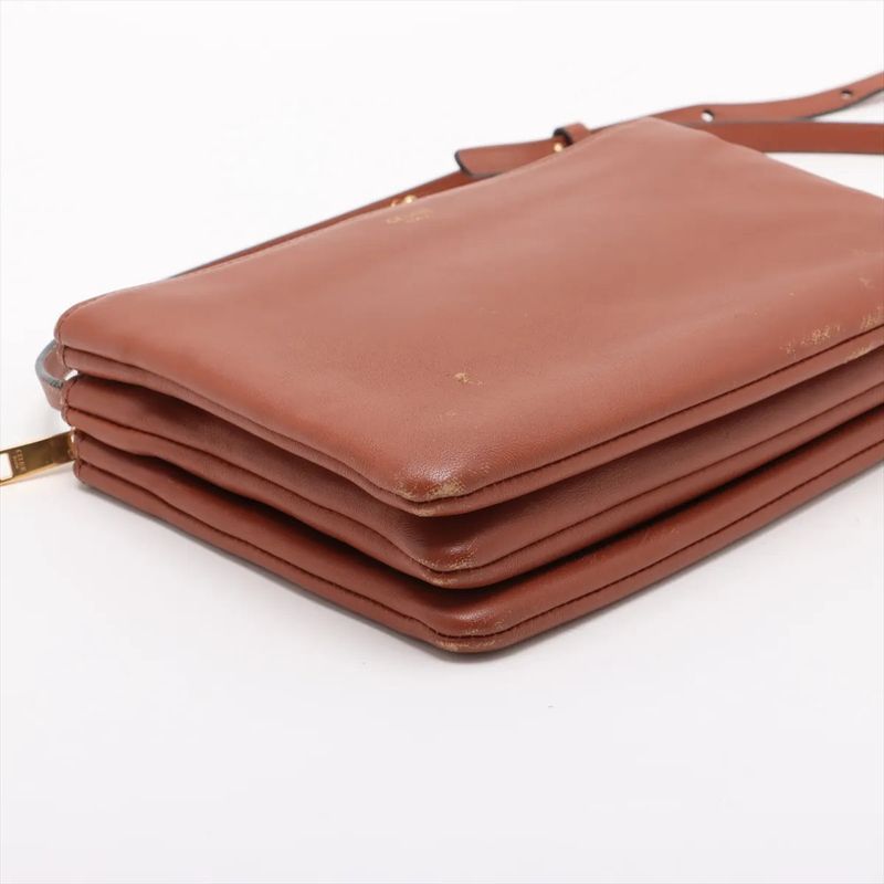 Celine Trio Small Leather Shoulder Bag Crossbody Brown Gold Hardware Women's
